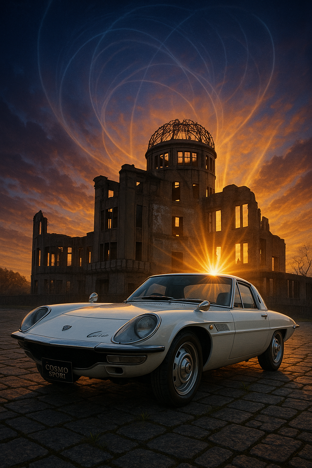広島の原爆ドームを背景にしたマツダ・コスモスポーツ